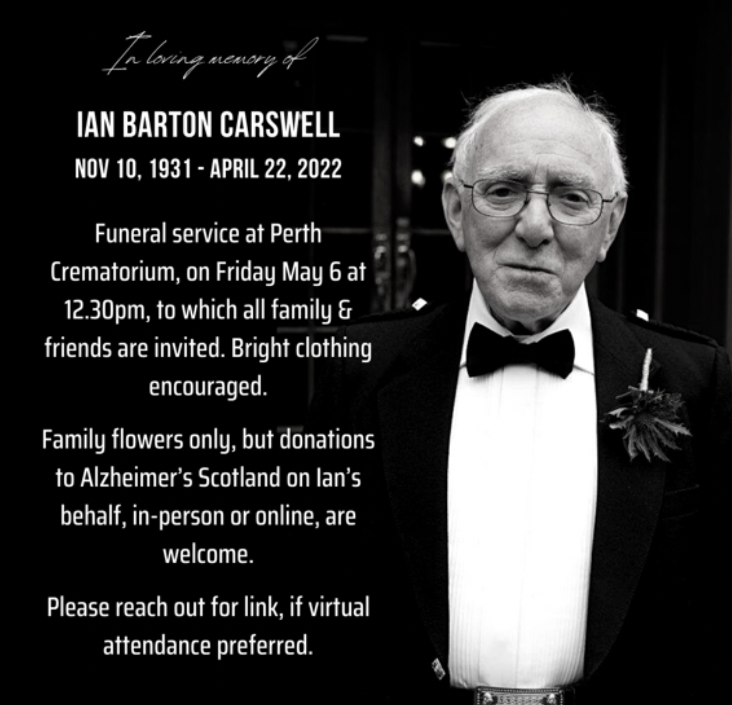 We are sad to announce the loss of another influential club member, Ian Carswell who passed away on 22 April 2022 aged 90
