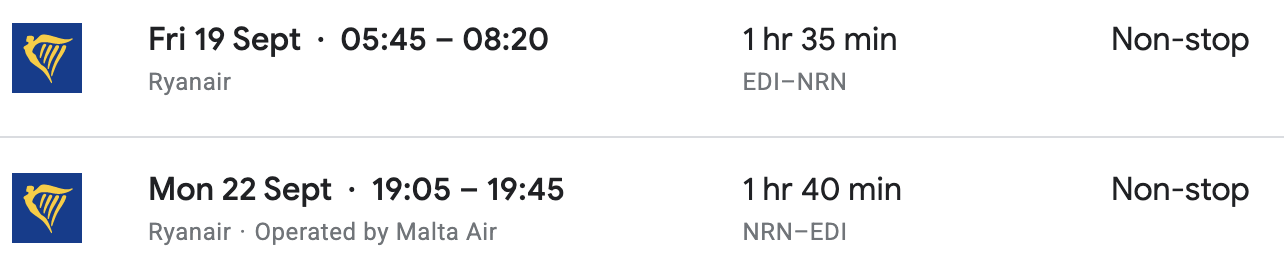 Return flight details from Google Flights
